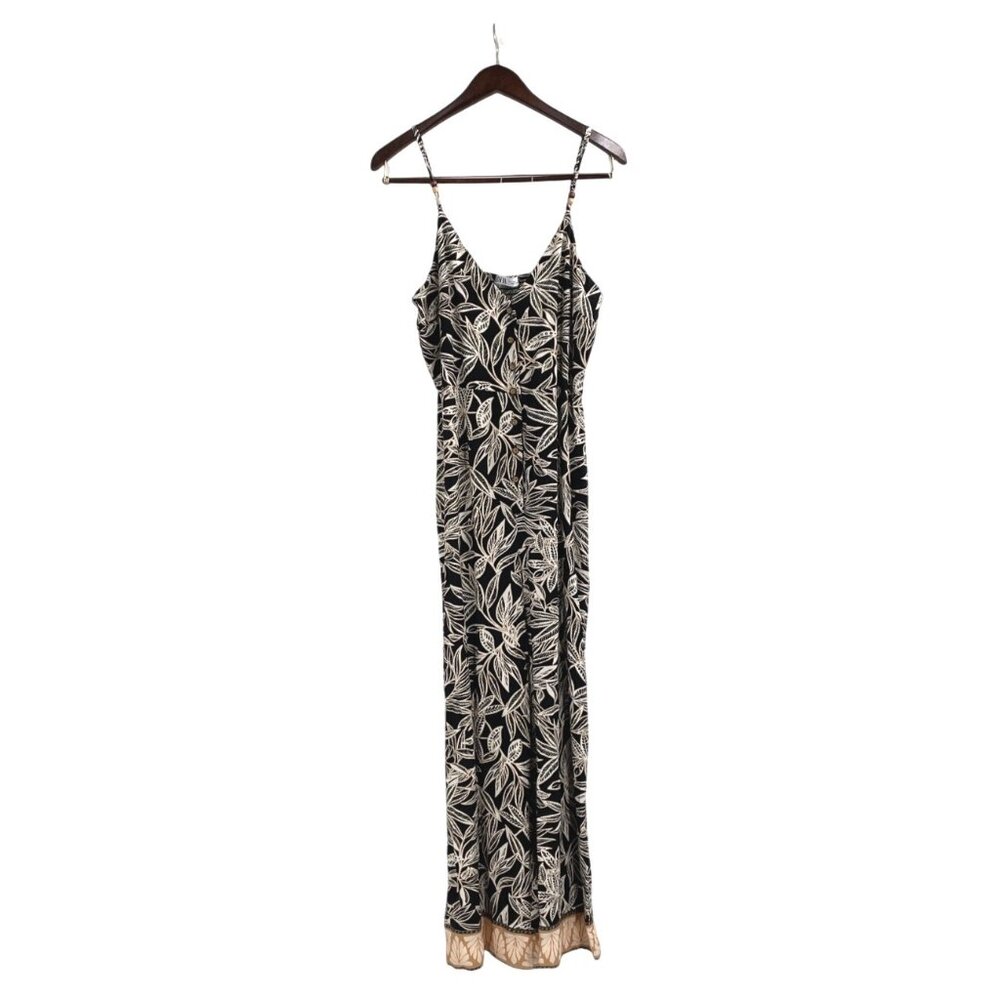 Zara Womens Large Sleeveless Maxi Dress Linen Blend Black White Leaf Print Chic - Picture 2 of 11